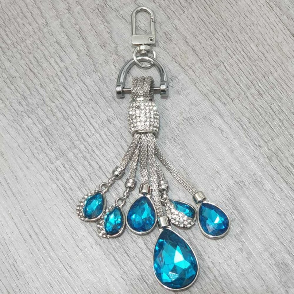 Women Blue Crystals Keyring Key Chain Handbag Charm Casual Formal Accessory Gift